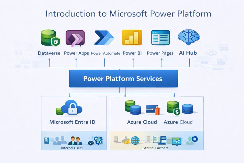 Diagram showing Power Apps, Power Automate, Power BI, and Dataverse connected within Microsoft Power Platform